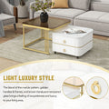 2 In 1 Square Nesting Coffee Table With Wheels & Drawers, Stackable Side Table With High Gloss Marble Grain Top, End Table Set With Brown Tempered Glass For Living Room, White White Gold Primary Living Space Drawers Square Mdf Steel