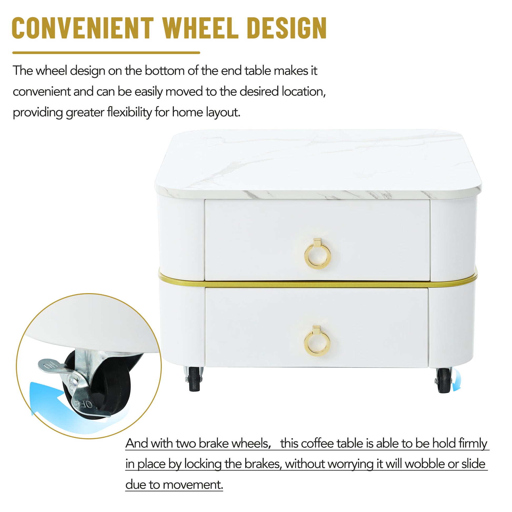 2 In 1 Square Nesting Coffee Table With Wheels & Drawers, Stackable Side Table With High Gloss Marble Grain Top, End Table Set With Brown Tempered Glass For Living Room, White White Gold Primary Living Space Drawers Square Mdf Steel