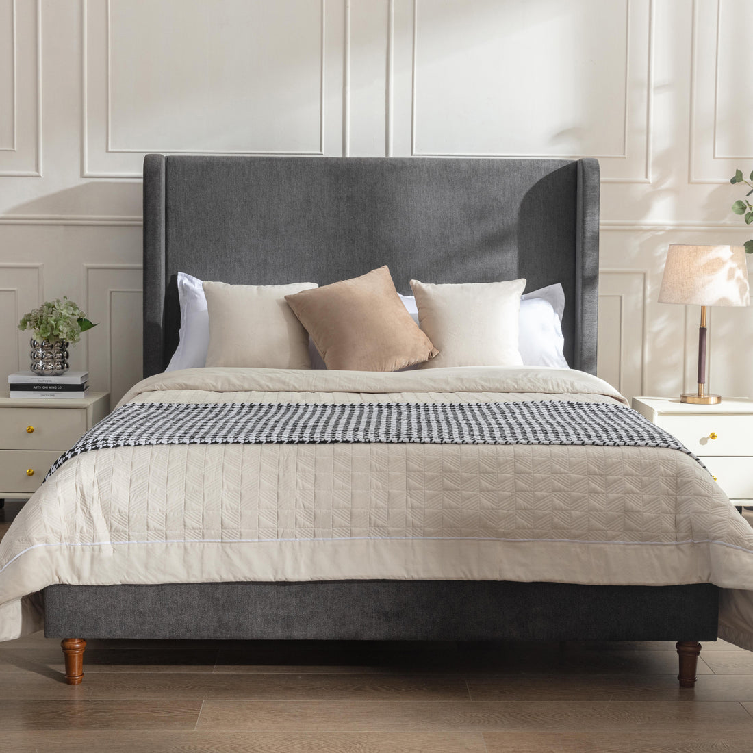 Harper Tall Headboard Upholstered Bed 54" High Headboard Elegant Simplicity No Box Spring Needed Easy Assembly Queen Dark Gray Velvet Box Spring Not Required Queen Dark Gray Metal Brown Bedroom Contemporary Oak Bed Frame Foam Velvet Fabric Metal