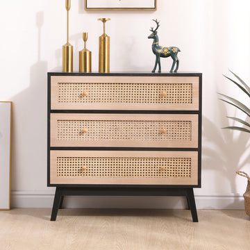 31.5 "3 Drawers Rattan Storage Cabinet Rattan Drawer,For Bedroom,Living Room,Natural Drawer And Black Panel Filing Cabinets 3 4 Drawers Lacquered Natural Black Brown Primary Living Space Drawers Included Pastoral Pine Solid Wood Mdf Wood Rattan