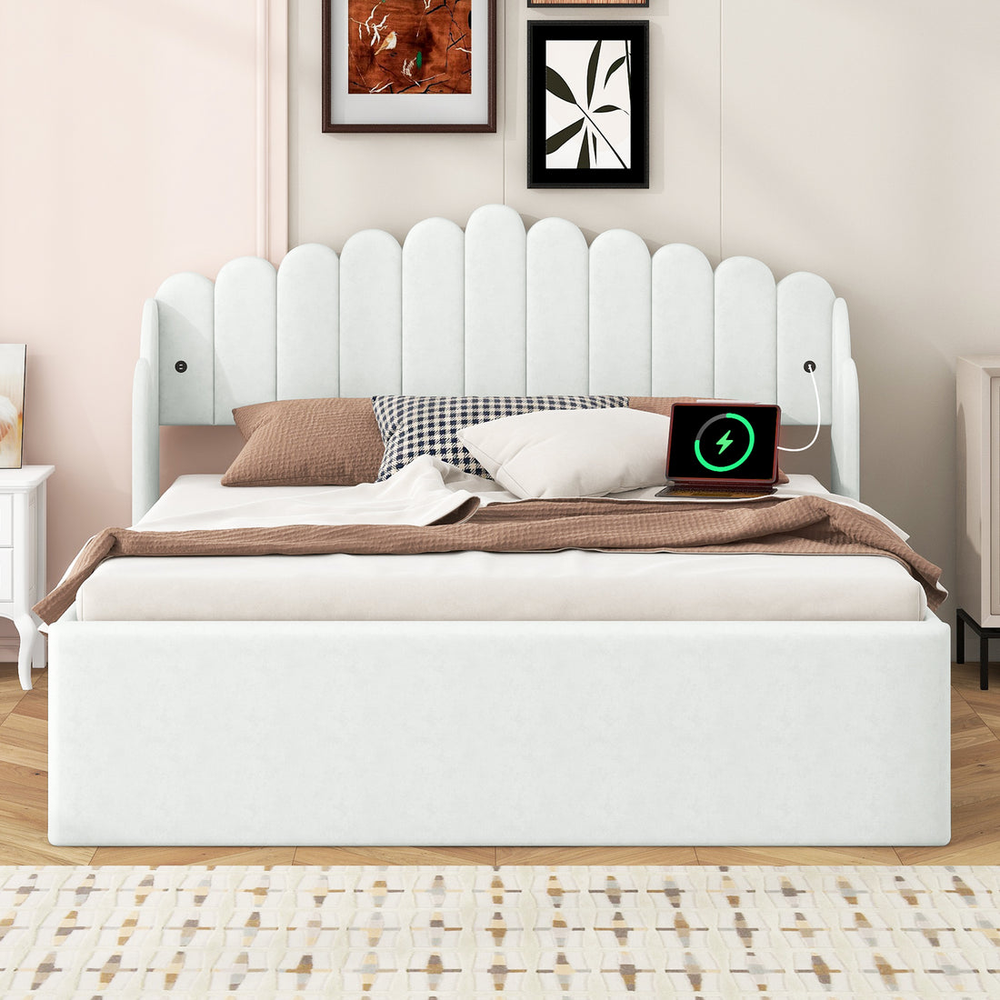 Queen Size Upholstered Platform Bed With 4 Drawers And 2 Usb, Beige Box Spring Not Required Queen Beige Wood Bedroom Bed Frame Polyester Upholstered