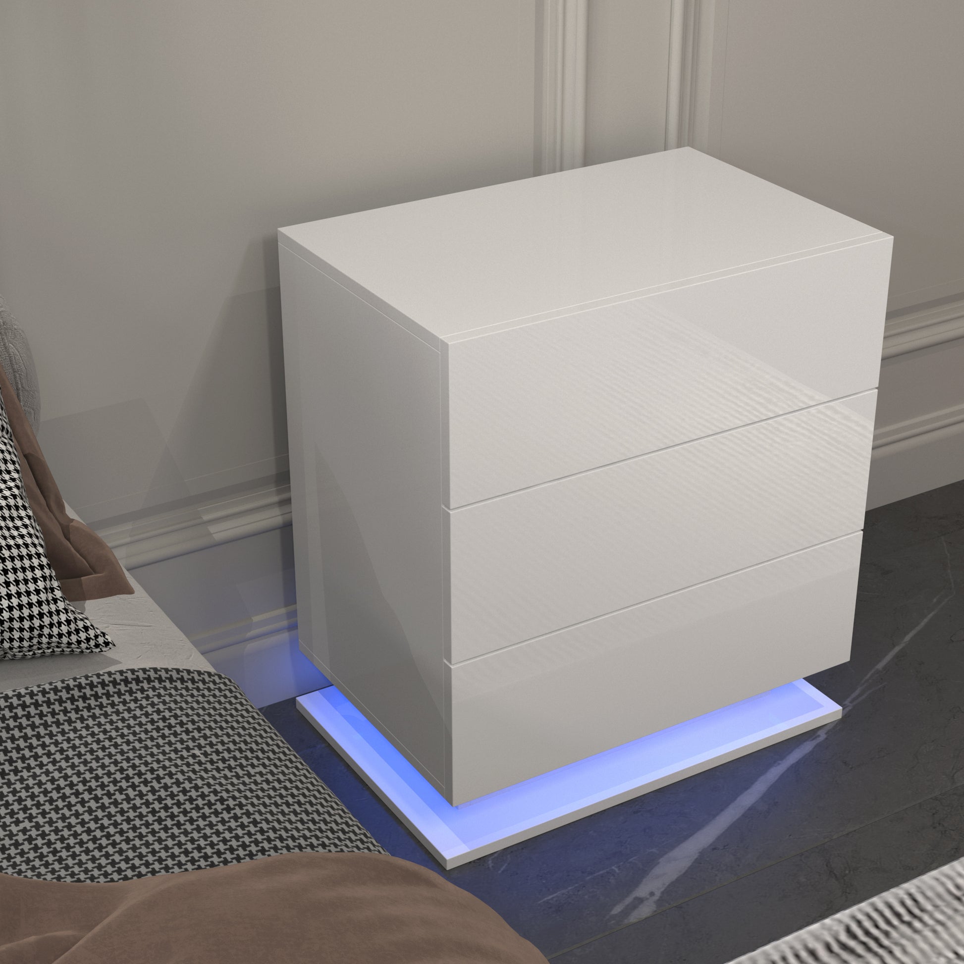 Led Nightstand With 3 Drawers,White Bedside Table ,Modern End Side Table For Bedroom White Particle Board