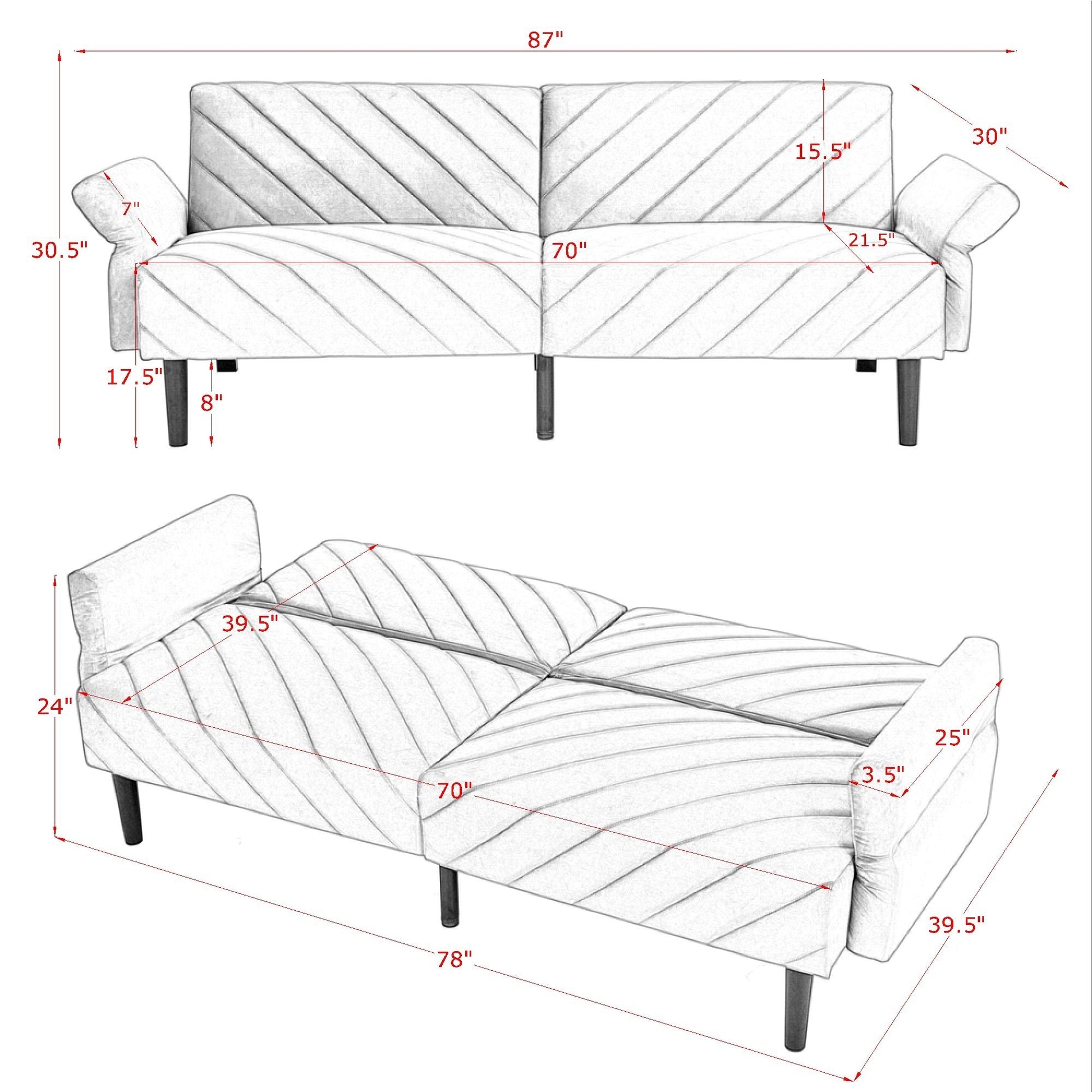 Velvet Futon Couch Convertible Folding Sofa Bed Tufted Couch With Adjustable Armrests For Apartment Pink Velvet Metal Medium Soft Split Back Eucalyptus Square Arms Foam 3 Seat