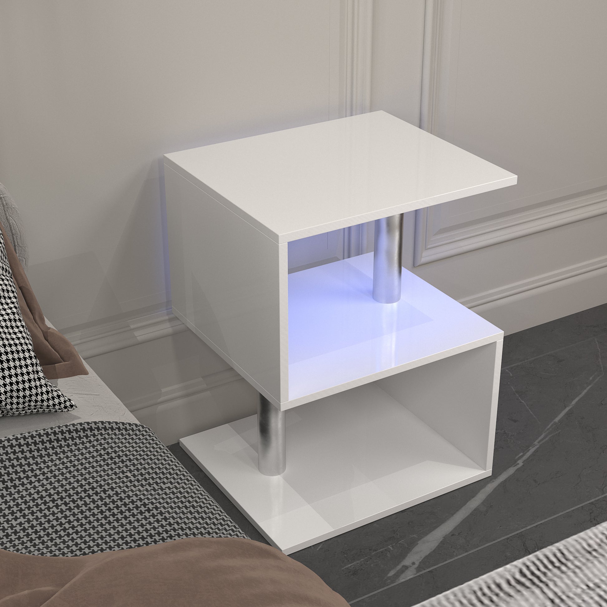 3 Tier S Shaped End Table,High Gloss Side Table With Open Storage Shelf And Usb Power Supply,White Led Coffee Table For Living Room,Bedroom. White Particle Board