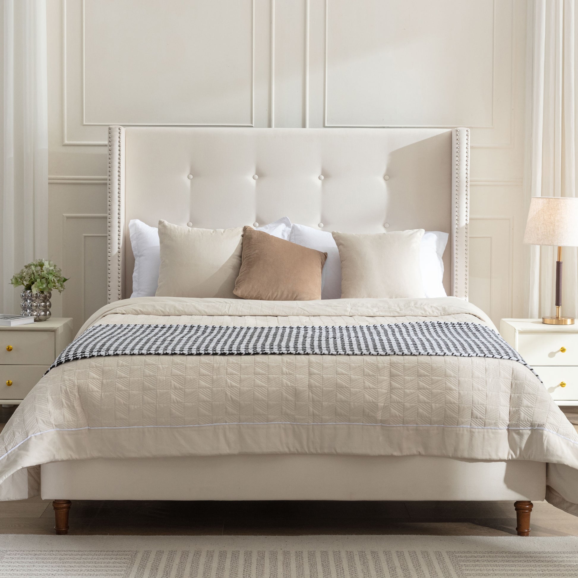 Peyton Upholstered Queen Bed 54" High Headboard Traditional Hand Buttoned Tufting Trim Wingback No Box Spring Needed Easy Assembly Ivory Velvet Box Spring Not Required Queen Ivory Brown Metal Bedroom Classic,European,Modern,Traditional Oak Bed Frame Foam