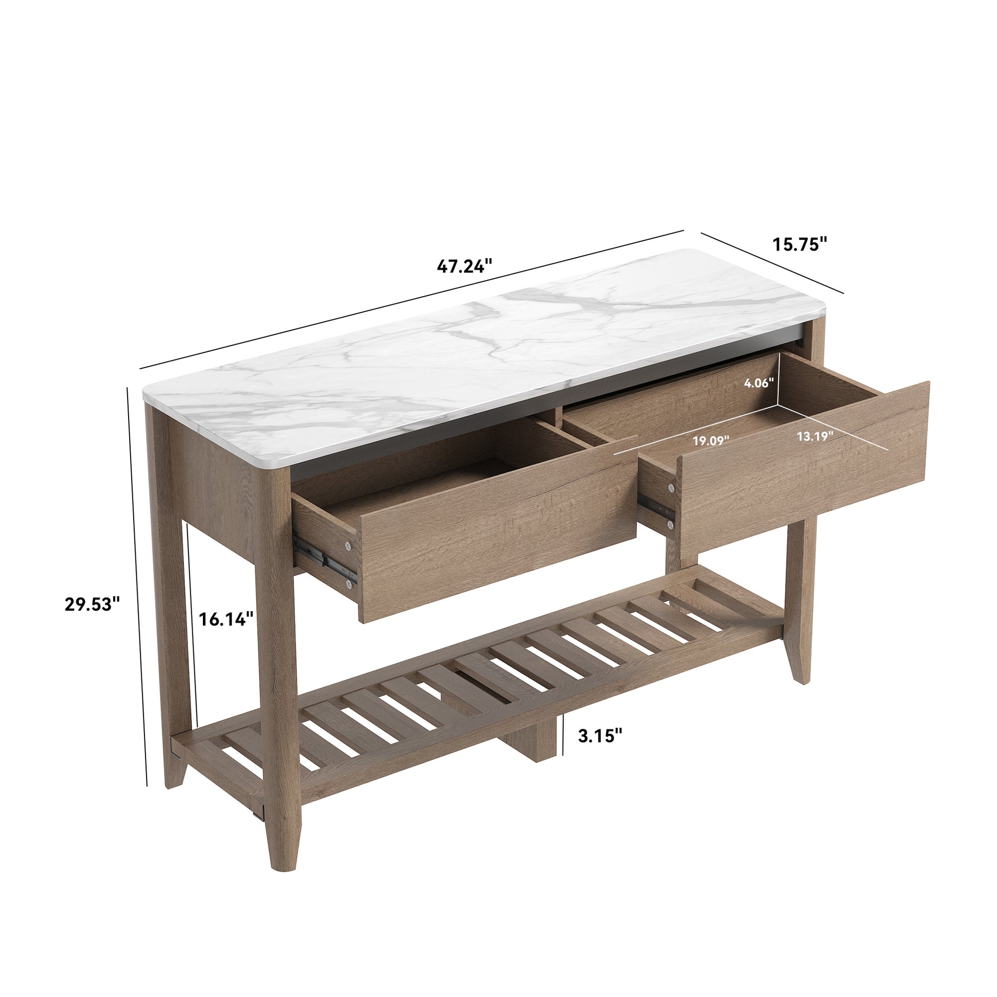 47 Inch Modern Farmhouse Double Drawers Console Table For Living Room Or Entryway, Wood And White Marble Texture Natural Wood Wash Particle Board