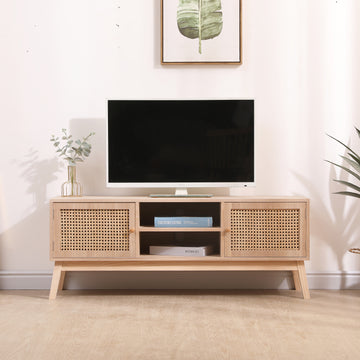 Superjare Boho Tv Stand For 55 Inch Tv, Entertainment Center With Adjustable Shelf,Real Rattan Tv Console With 2 Cabinets, Media Console, Solid Wood Feet, 2 Cord Holes, For Living Room Natural Natural Wood Light Brown 55 Inches Primary Living Space 50 59