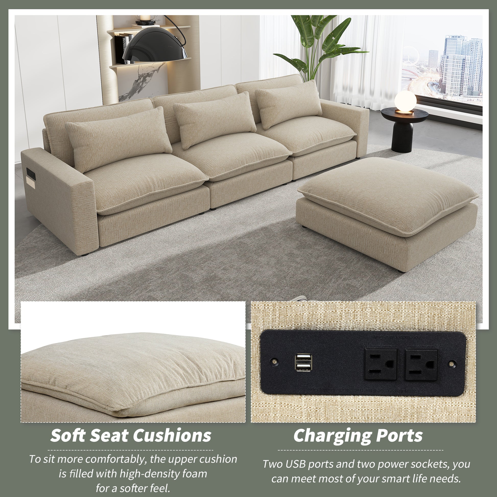 128" Sectional Sofa Cloud Sofa Chenille Upholstered Sofa Couch With Movable Ottoman, Comfortable Seat Cushions, Charging Ports And Three Back Pillows For Living Room, Beige Beige Foam Chenille 4 Seat