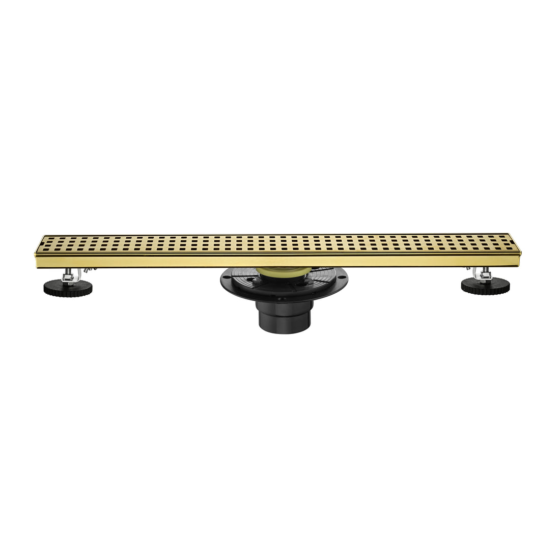 24 Inches Linear Shower Drain With Removable Quadrato Pattern Grate, 304 Stainless Shower Drain Included Hair Strainer And Leveling Feet, Flange Brushed Gold Stainless Steel