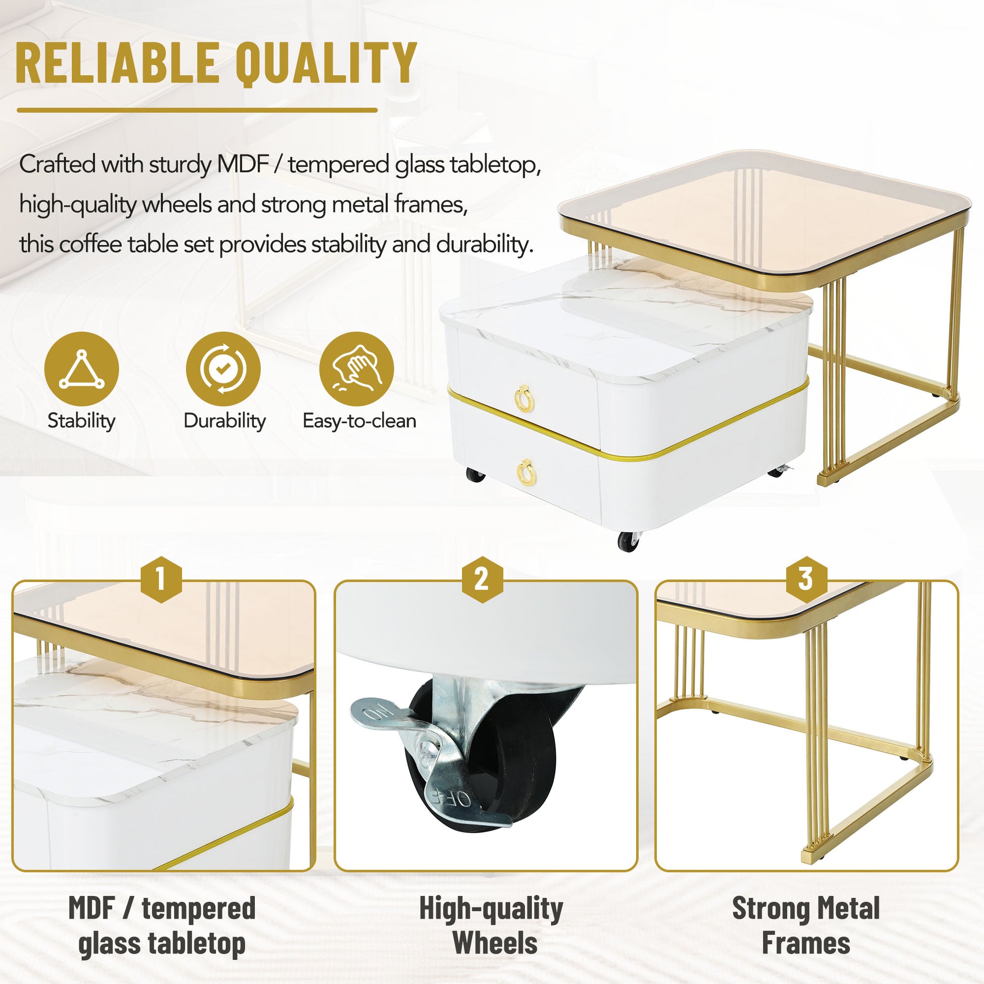 2 In 1 Square Nesting Coffee Table With Wheels & Drawers, Stackable Side Table With High Gloss Marble Grain Top, End Table Set With Brown Tempered Glass For Living Room, White White Gold Primary Living Space Drawers Square Mdf Steel