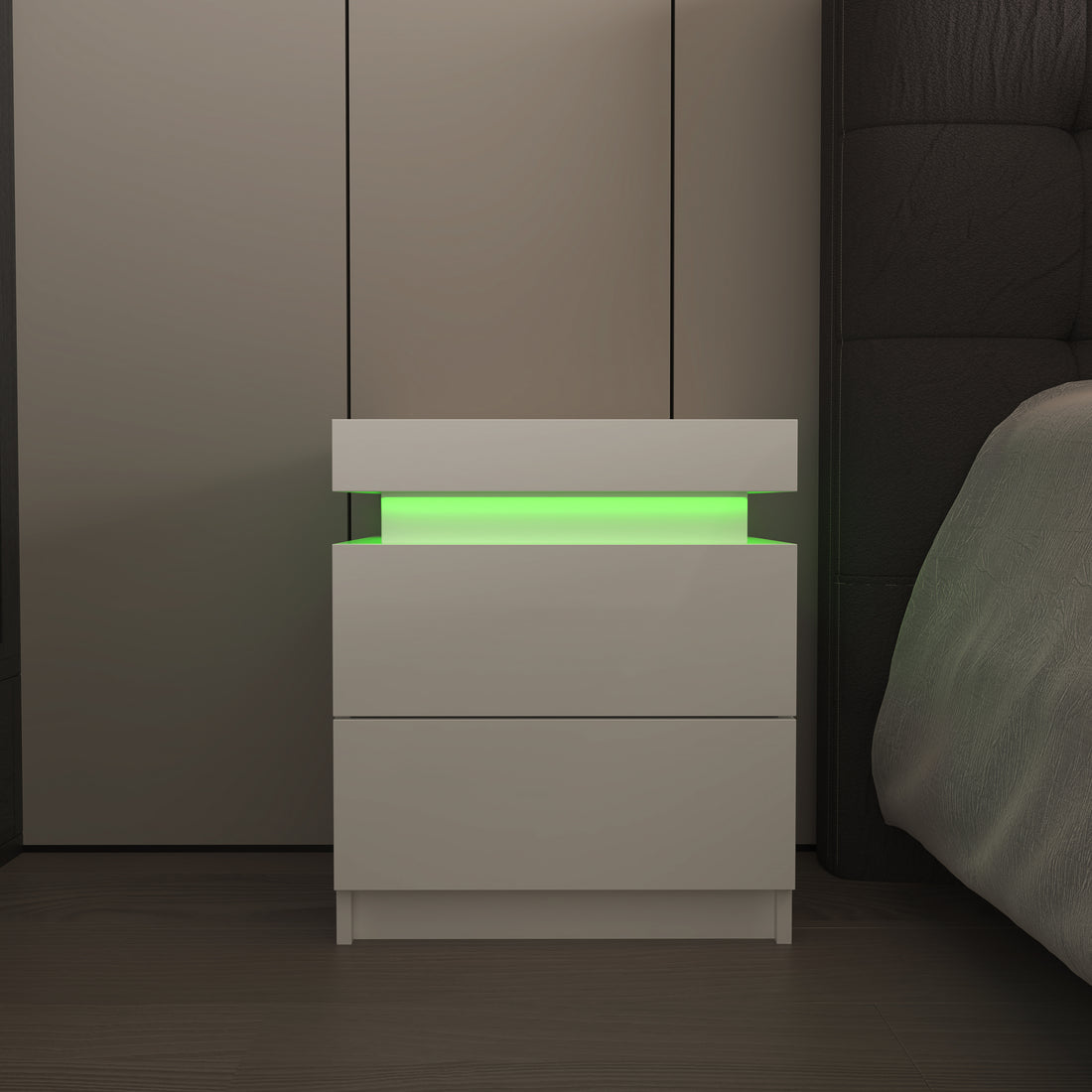 Modern White Nightstand With 2 Storage Drawers,Led Lights, End Table For Bedroom Furniture White Particle Board