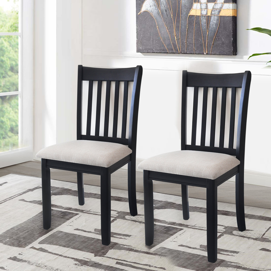 Dining Room Furniture Black Finish Set Of 2 Seating Chairs Cushion Seats Wooden Back Kitchen Breakfast Chairs Solid White Dining Room Rubberwood Slat Back Engineered Wood Black White Painted Foam Dry Clean Rectangular Mid Century Modern,Minimalist,Rustic