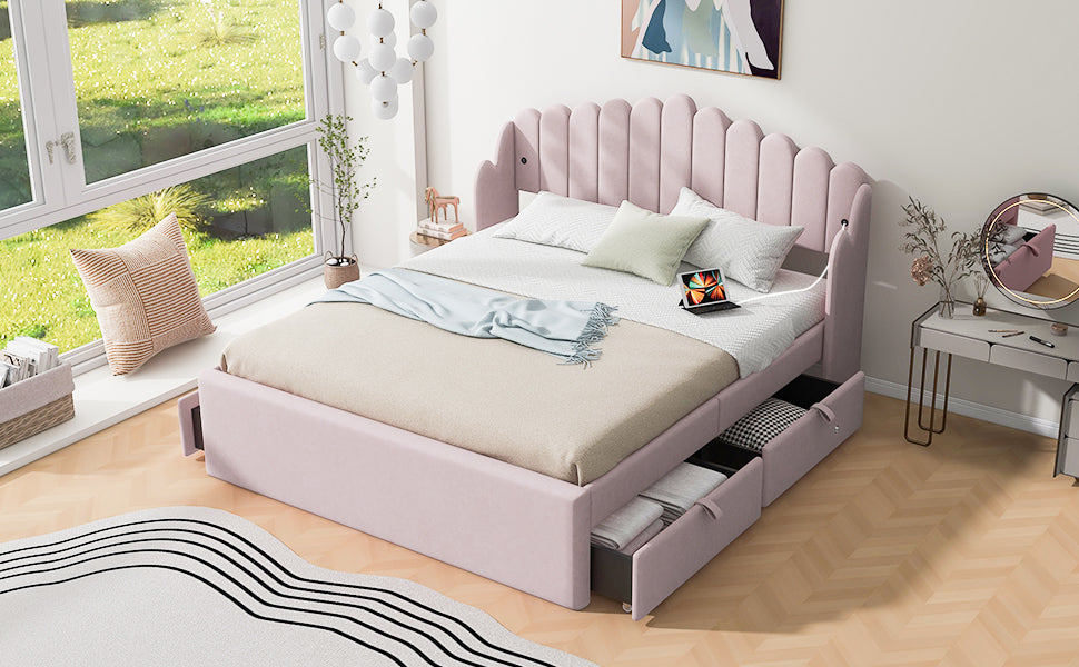 Queen Size Upholstered Platform Bed With 4 Drawers And 2 Usb, Pink Box Spring Not Required Queen Pink Wood Bedroom Bed Frame Polyester Upholstered