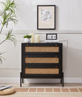 Rattan Storage Cabinet With 3 Large Drawers, Boho Mid Century Wooden Nightstand Drawer Dresser, Sideboard Buffet Cabinet With Storage For Living Room Dining Room Hallway Bedroom, 30 15.8 30 Inches Black Mdf