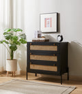 Rattan Storage Cabinet With 3 Large Drawers, Boho Mid Century Wooden Nightstand Drawer Dresser, Sideboard Buffet Cabinet With Storage For Living Room Dining Room Hallway Bedroom, 30 15.8 30 Inches Black Mdf