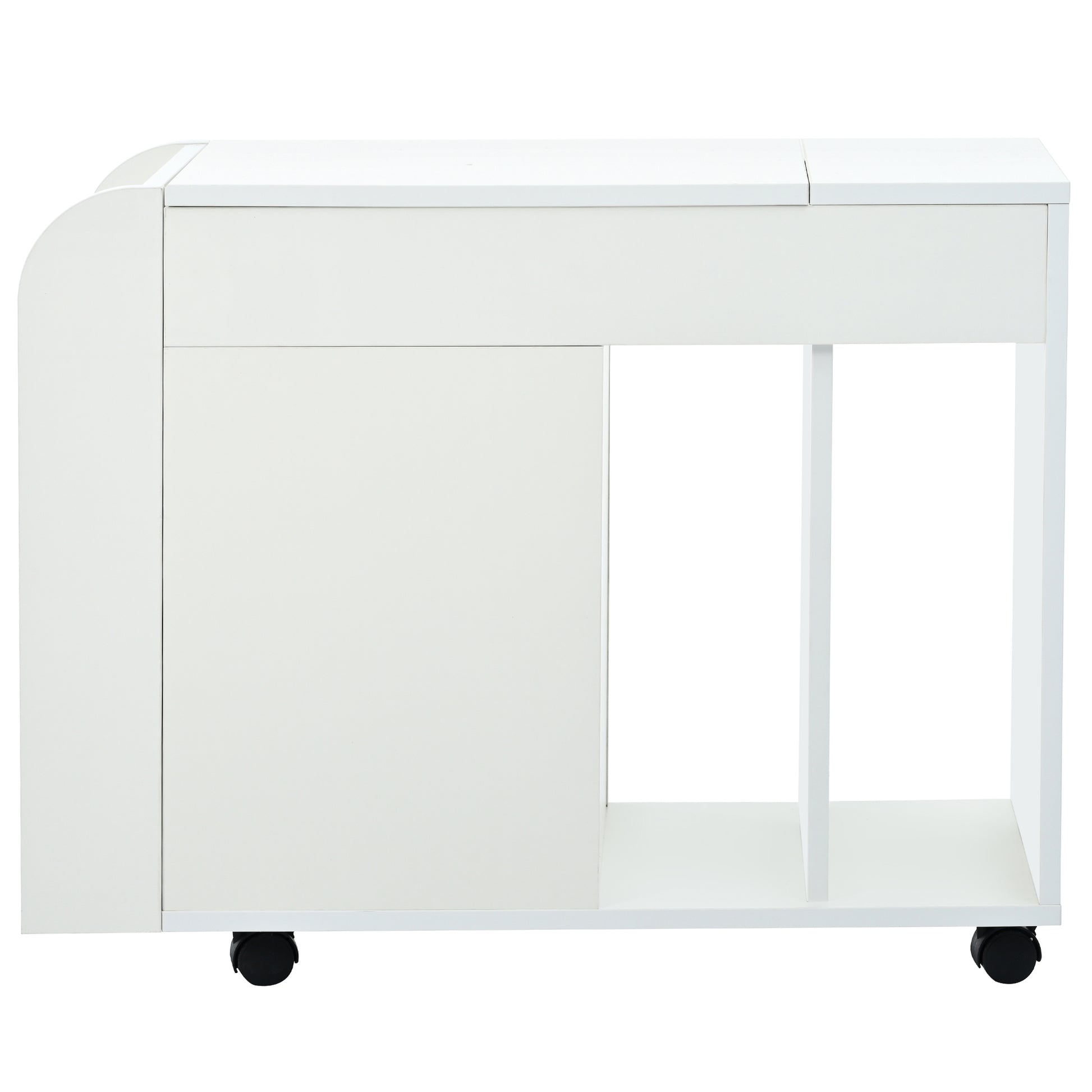 Multifunctional End Table With Wheels, Side Table With Tempered Glass Door, 2 Storage Shelves, 2 Drawers For Living Room, White White Mdf