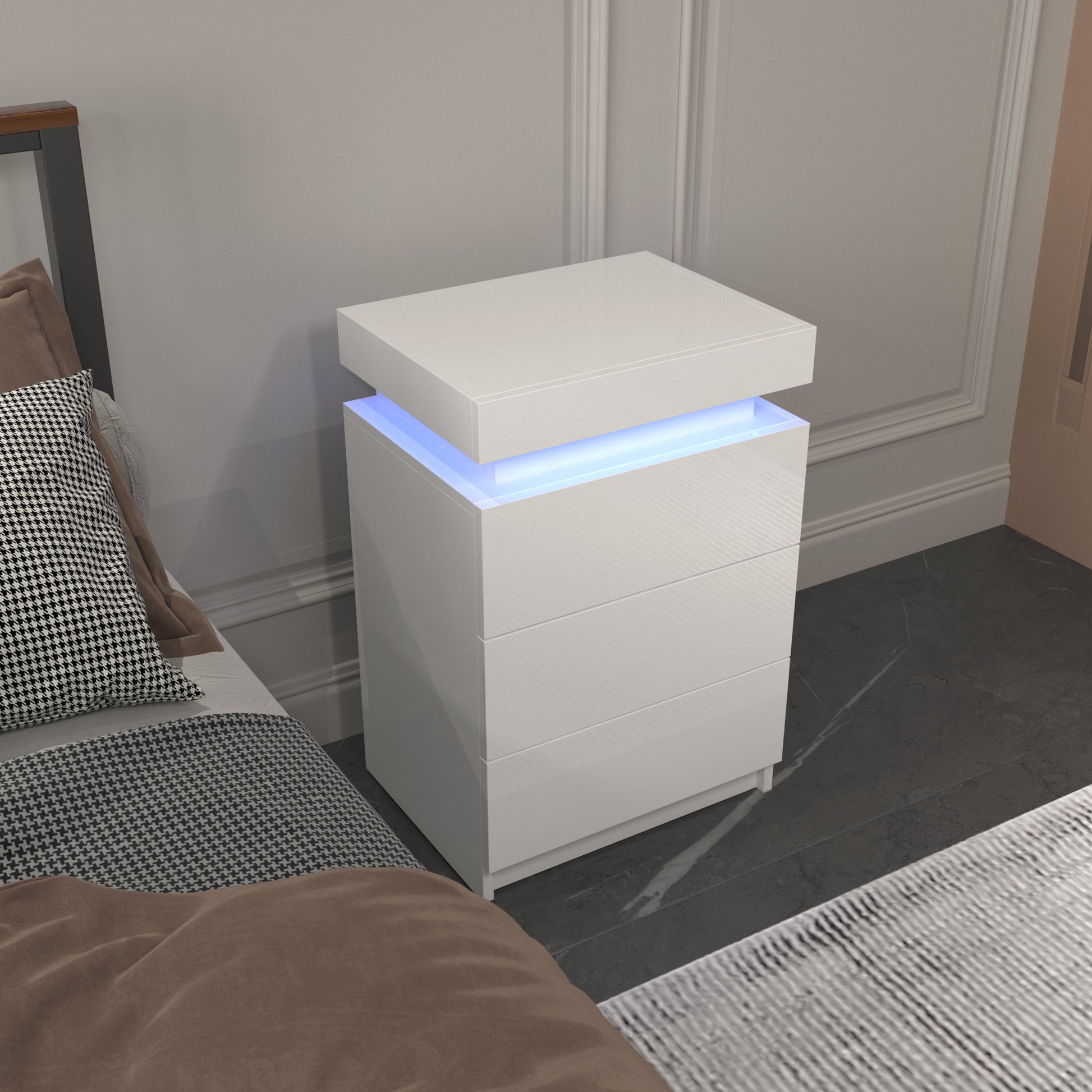 Led White Nightstand With 3 Drawers, Modern Multi Colour Led Night Table Bedside Tables For Bedroom, Living Room White Particle Board