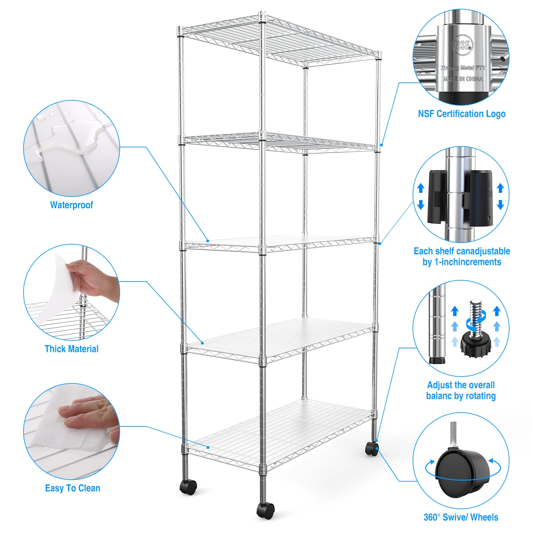 5 Tier Shelf Wire Shelving Unit, Nsf Heavy Duty Wire Shelf Metal Large Storage Shelves Height Adjustable Utility For Garage Kitchen Office Commercial Shelving Steel Layer Shelf Chrome Chrome Iron Plastic