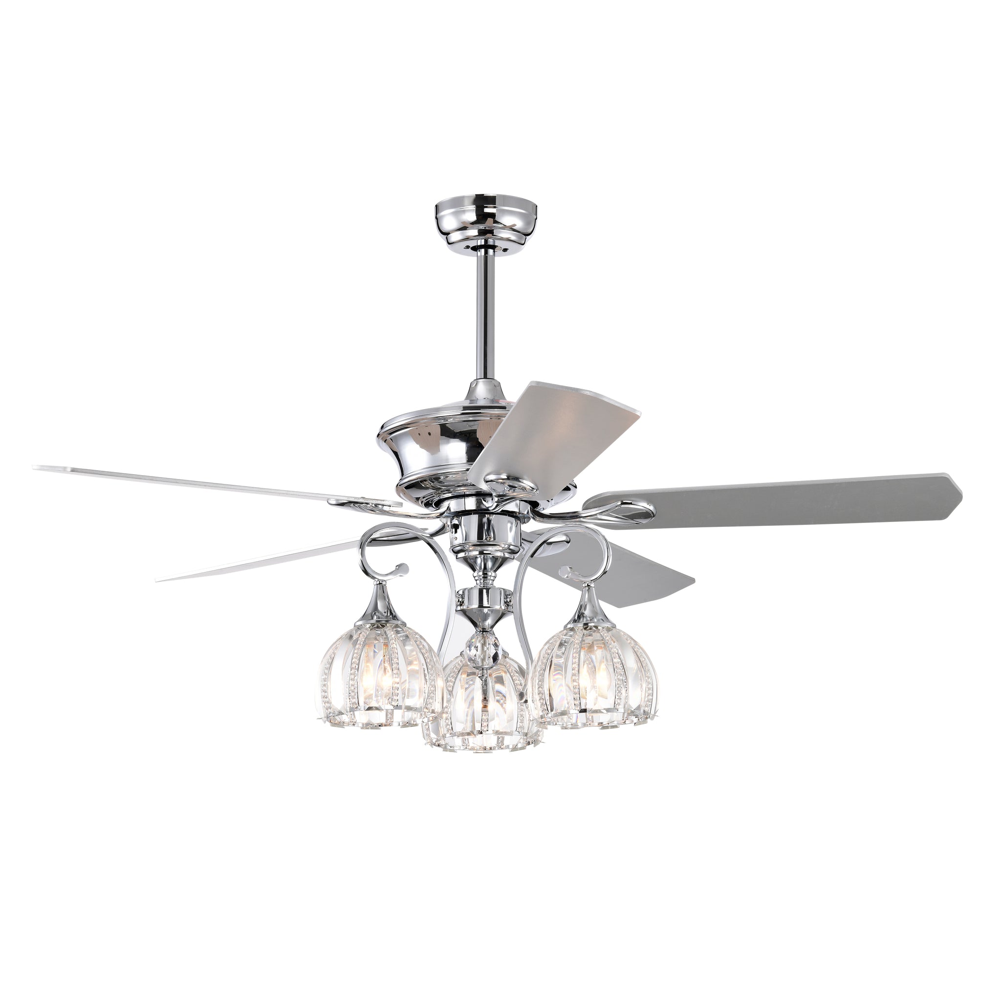 52'' Crystal Ceiling Fan Lamp With Remote Control 3 Speed High, Mid, Low , 5 Reversible Blades For Living Room, Dining Room, Bedroom, Family Room, Chrome ,3Pcs*E26 No Include Bulb Chrome American Traditional,Antique,Classic,Contemporary Plywood Metal