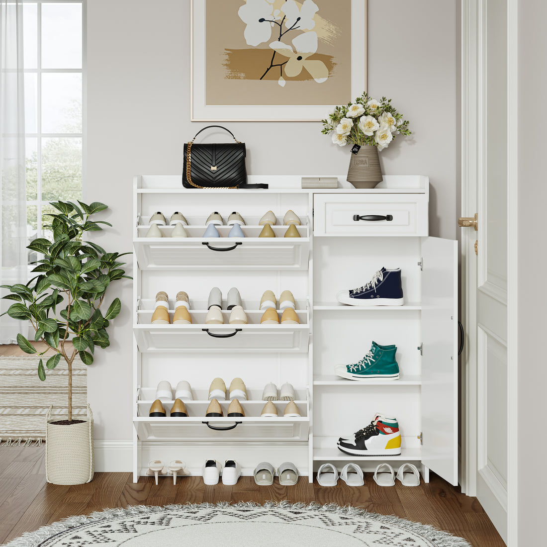 White Color Shoe Cabinet With 4 Doors 1