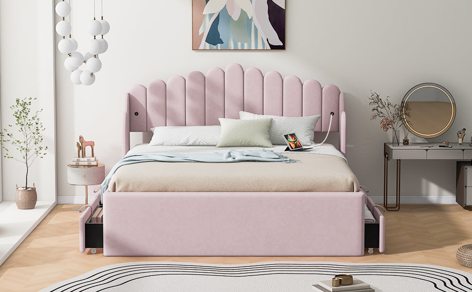 Queen Size Upholstered Platform Bed With 4 Drawers And 2 Usb, Pink Box Spring Not Required Queen Pink Wood Bedroom Bed Frame Polyester Upholstered