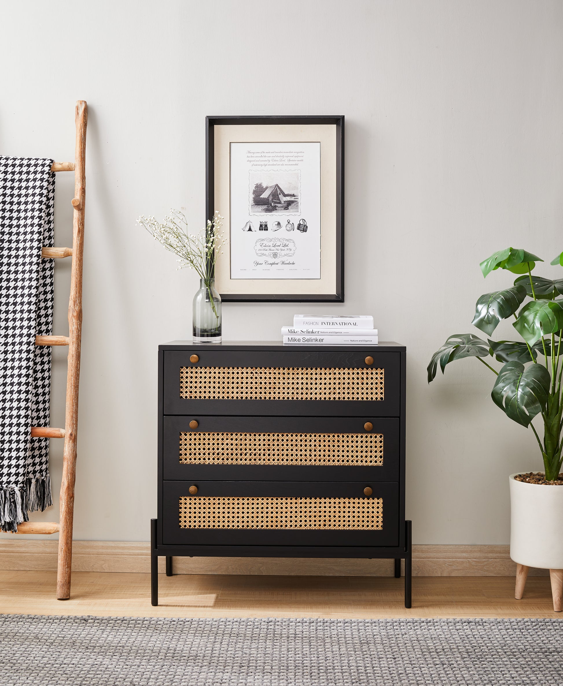 Rattan Storage Cabinet With 3 Large Drawers, Boho Mid Century Wooden Nightstand Drawer Dresser, Sideboard Buffet Cabinet With Storage For Living Room Dining Room Hallway Bedroom, 30 15.8 30 Inches Black Mdf