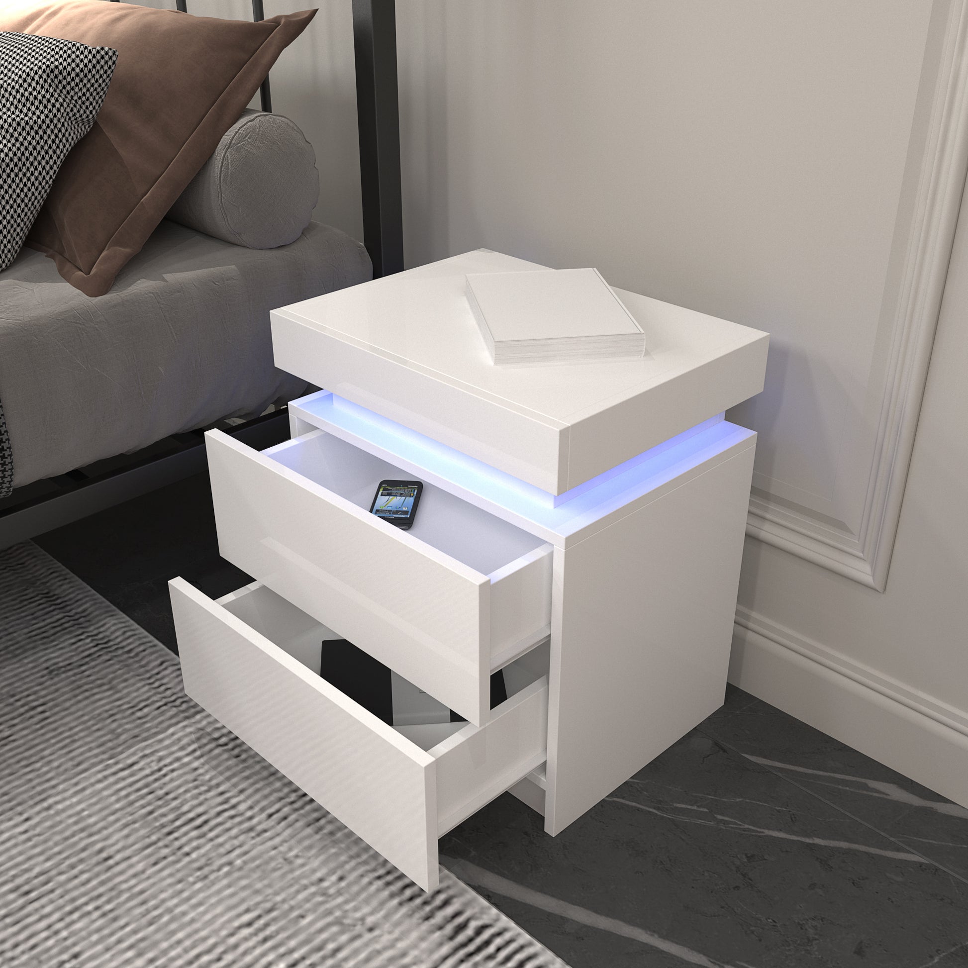 Modern White Nightstand With 2 Storage Drawers,Led Lights, End Table For Bedroom Furniture White Particle Board