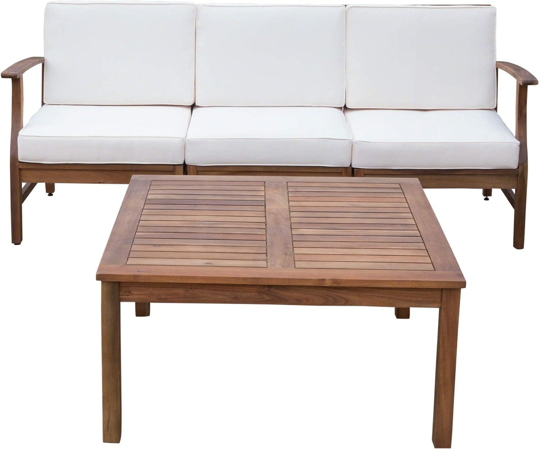 Perla 3 Seater Sofa And Table Set, Cream Cream Acacia Wood