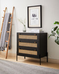 Rattan Storage Cabinet With 3 Large Drawers, Boho Mid Century Wooden Nightstand Drawer Dresser, Sideboard Buffet Cabinet With Storage For Living Room Dining Room Hallway Bedroom, 30 15.8 30 Inches Black Mdf