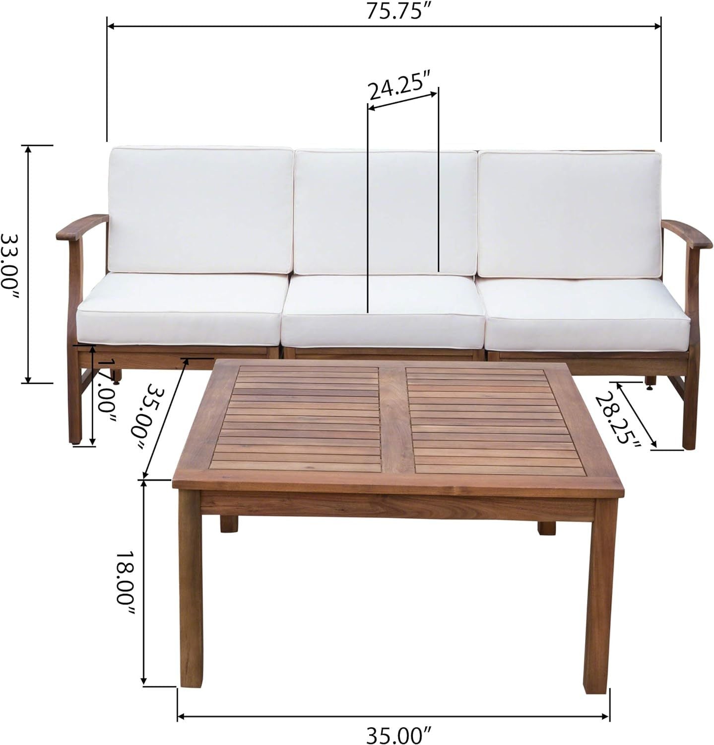 Perla 3 Seater Sofa And Table Set, Cream Cream Acacia Wood