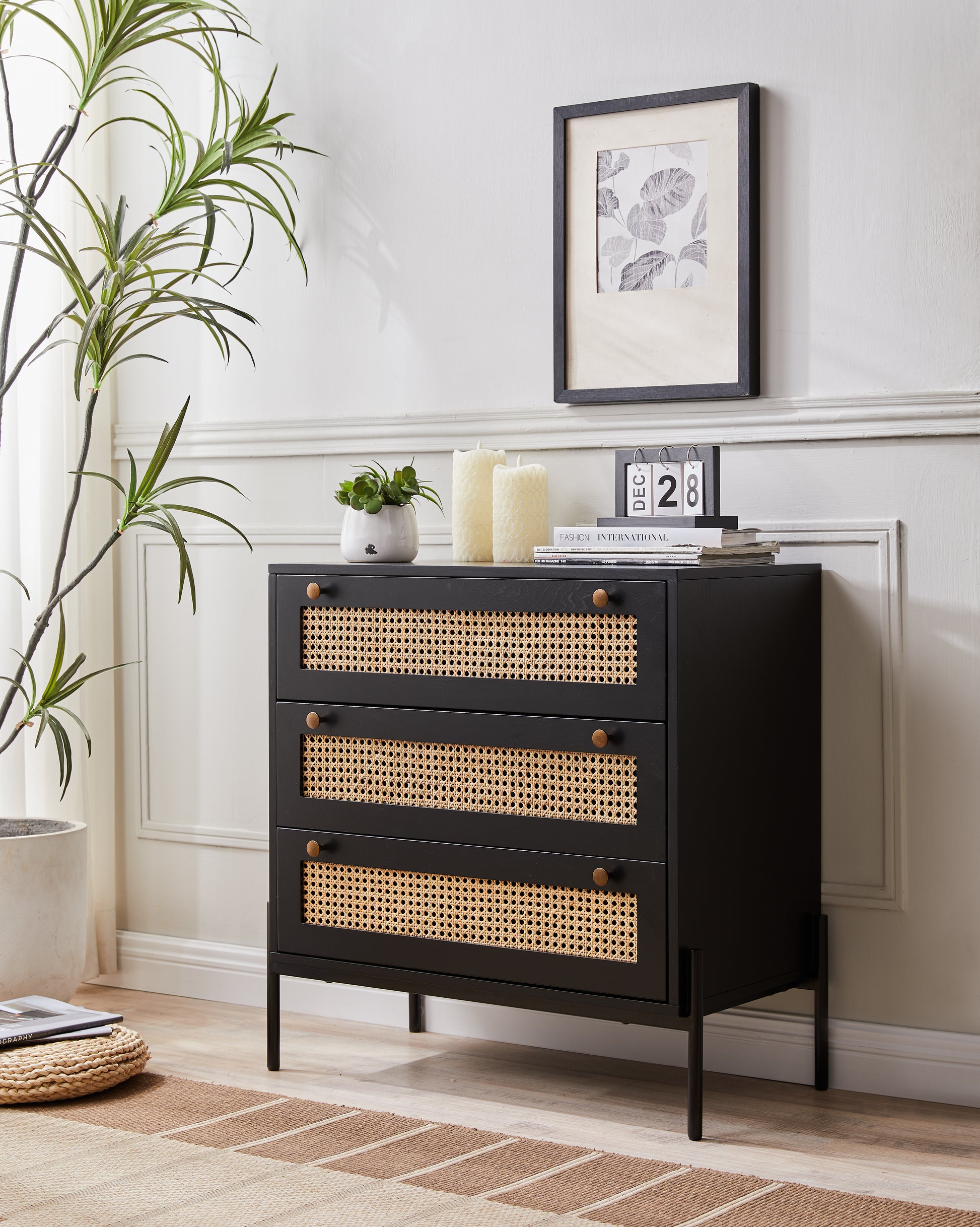 Rattan Storage Cabinet With 3 Large Drawers, Boho Mid Century Wooden Nightstand Drawer Dresser, Sideboard Buffet Cabinet With Storage For Living Room Dining Room Hallway Bedroom, 30 15.8 30 Inches Black Mdf