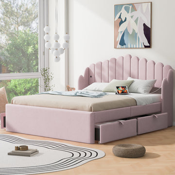 Queen Size Upholstered Platform Bed With 4 Drawers And 2 Usb, Pink Box Spring Not Required Queen Pink Wood Bedroom Bed Frame Polyester Upholstered