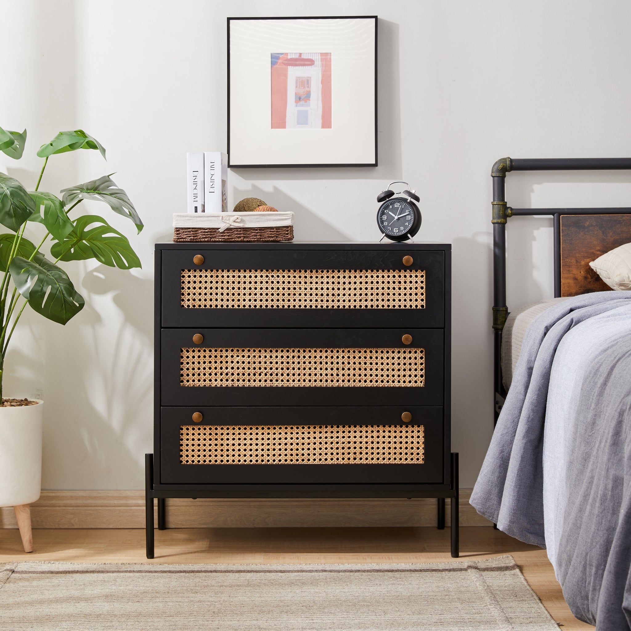 Rattan Storage Cabinet With 3 Large Drawers, Boho Mid Century Wooden Nightstand Drawer Dresser, Sideboard Buffet Cabinet With Storage For Living Room Dining Room Hallway Bedroom, 30 15.8 30 Inches Black Mdf