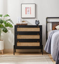 Rattan Storage Cabinet With 3 Large Drawers, Boho Mid Century Wooden Nightstand Drawer Dresser, Sideboard Buffet Cabinet With Storage For Living Room Dining Room Hallway Bedroom, 30 15.8 30 Inches Black Mdf