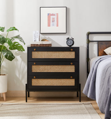 Rattan Storage Cabinet With 3 Large Drawers, Boho Mid Century Wooden Nightstand Drawer Dresser, Sideboard Buffet Cabinet With Storage For Living Room Dining Room Hallway Bedroom, 30 15.8 30 Inches Black Mdf