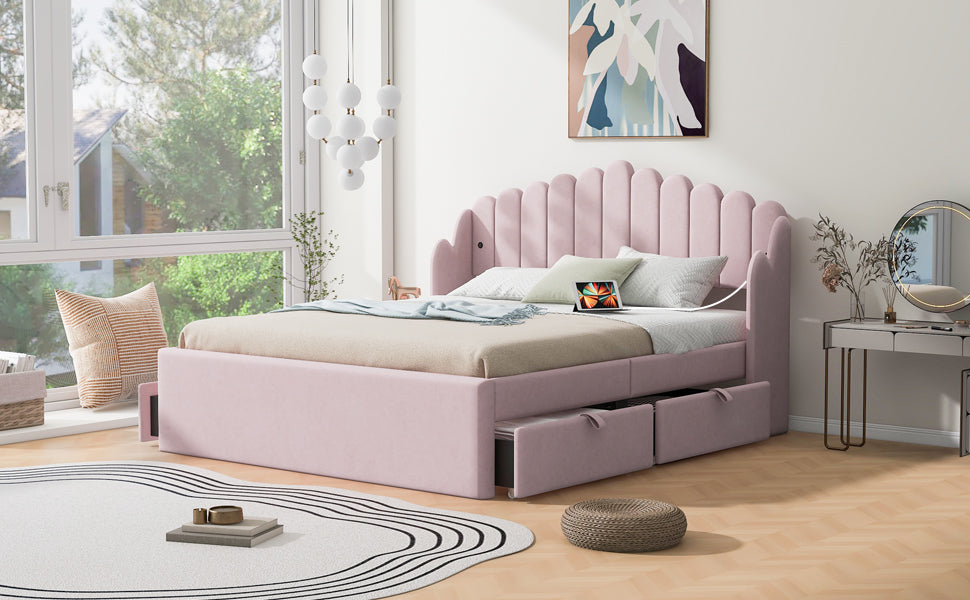 Queen Size Upholstered Platform Bed With 4 Drawers And 2 Usb, Pink Box Spring Not Required Queen Pink Wood Bedroom Bed Frame Polyester Upholstered