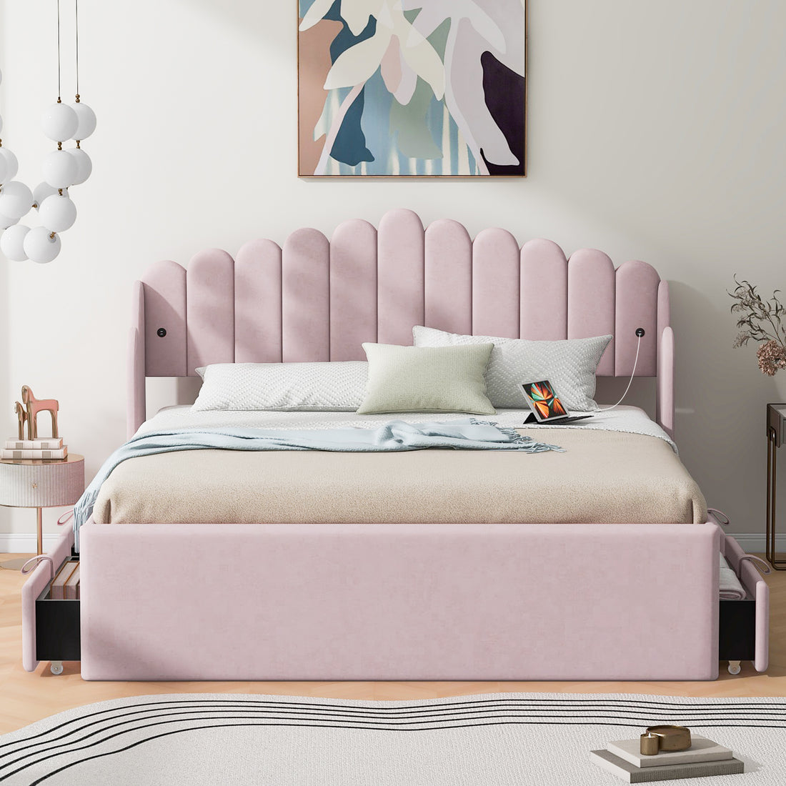 Queen Size Upholstered Platform Bed With 4 Drawers And 2 Usb, Pink Box Spring Not Required Queen Pink Wood Bedroom Bed Frame Polyester Upholstered