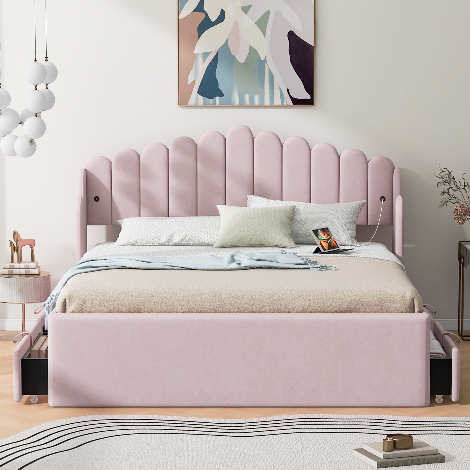Queen Size Upholstered Platform Bed With 4 Drawers And 2 Usb, Pink Box Spring Not Required Queen Pink Wood Bedroom Bed Frame Polyester Upholstered