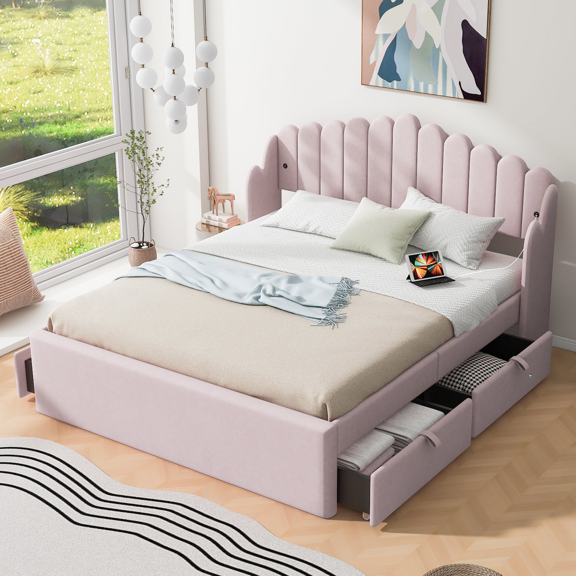 Queen Size Upholstered Platform Bed With 4 Drawers And 2 Usb, Pink Box Spring Not Required Queen Pink Wood Bedroom Bed Frame Polyester Upholstered