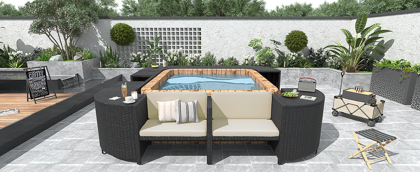 Spa Surround Spa Frame Quadrilateral Outdoor Rattan Sectional Sofa Set With Mini Sofa,Wooden Seats And Storage Spaces, Beige Yes Beige Water Resistant Frame Water Resistant Cushion Garden & Outdoor Sectional Seating Groups Foam Rattan Waterproof Fabric