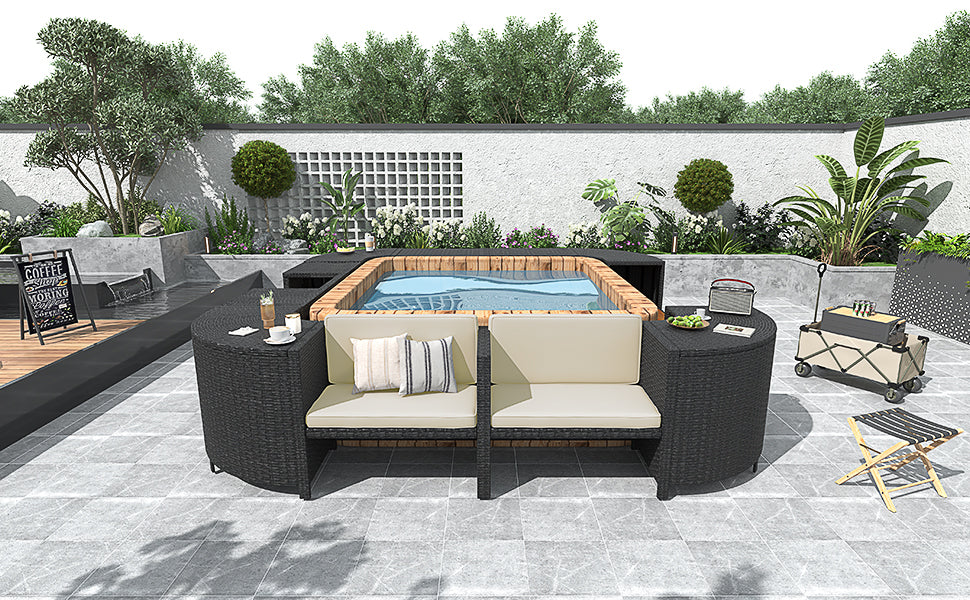 Spa Surround Spa Frame Quadrilateral Outdoor Rattan Sectional Sofa Set With Mini Sofa,Wooden Seats And Storage Spaces, Beige Yes Beige Water Resistant Frame Water Resistant Cushion Garden & Outdoor Sectional Seating Groups Foam Rattan Waterproof Fabric