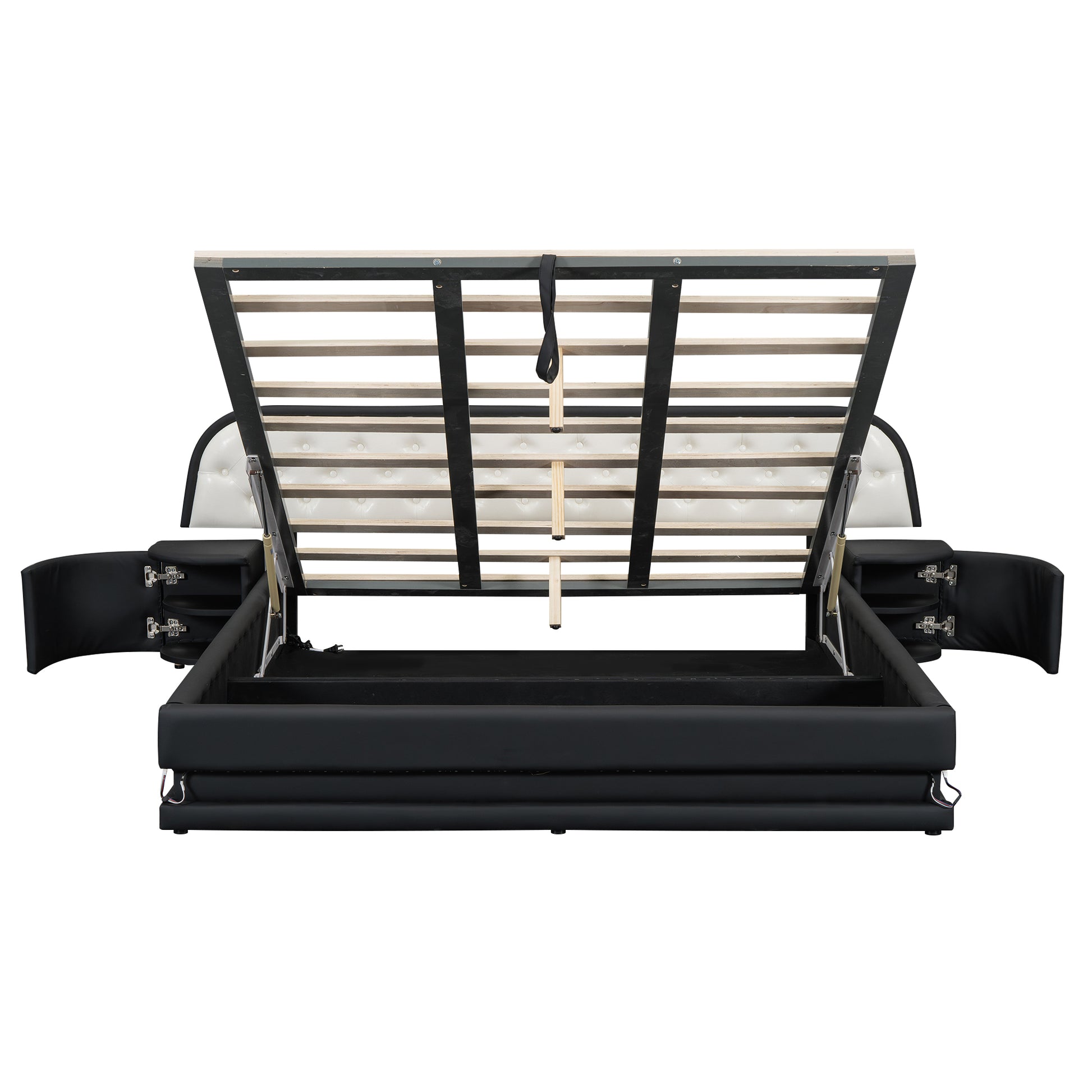 Queen Size Storage Upholstered Tufted Hydraulic Platform Bed With 2 Nightstands And Usb, Black Box Spring Not Required Queen Black Wood Bedroom Bed Frame Faux Leather Upholstered