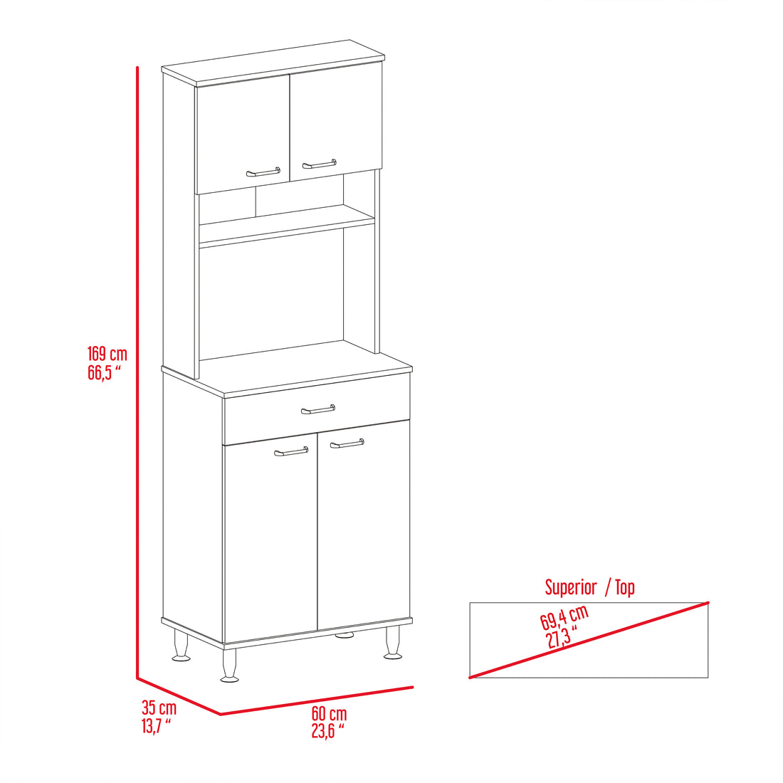 Pantry Cabinet 67" H, Four Doors, One Drawer, Three Internal Shelves, 2 External Storage Shelves, Microwave Storage Option, Four Legs, Light Oak Beige Particle Board Particle Board