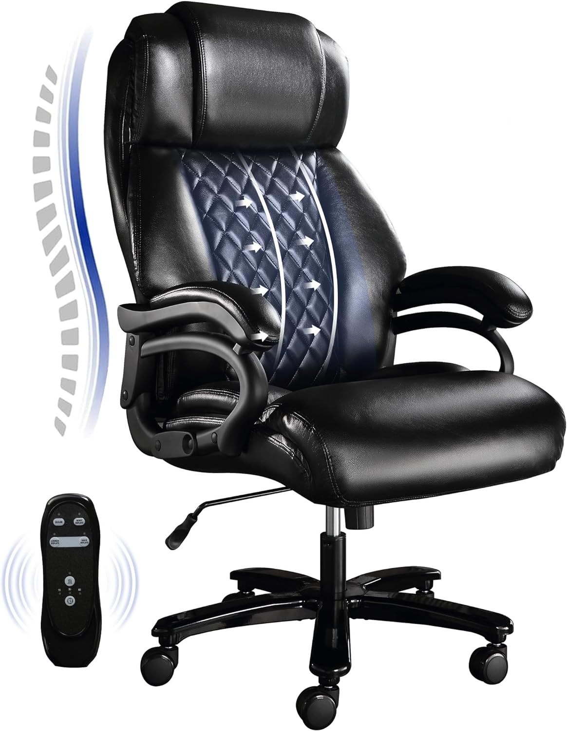 Big And Tall Office Chair, 500Lbs High Back Large Executive Chair With Electric Airbag Heating High Back Computer Chair With Wide Seat, Black Ergonomic Leather Rocking Chair Black Leather