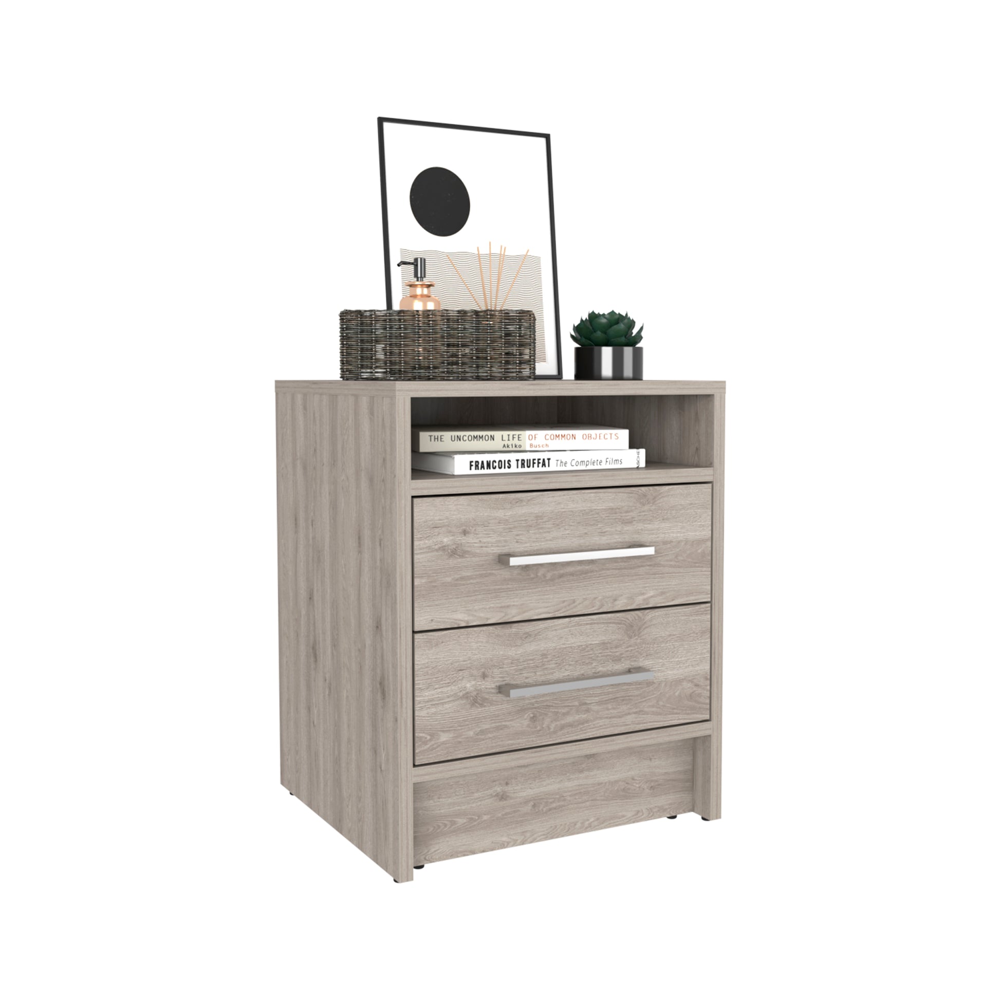 Nightstand 20"H, Two Drawers, Superior Top, Metal Handles, Light Gray Gray Particle Board Particle Board