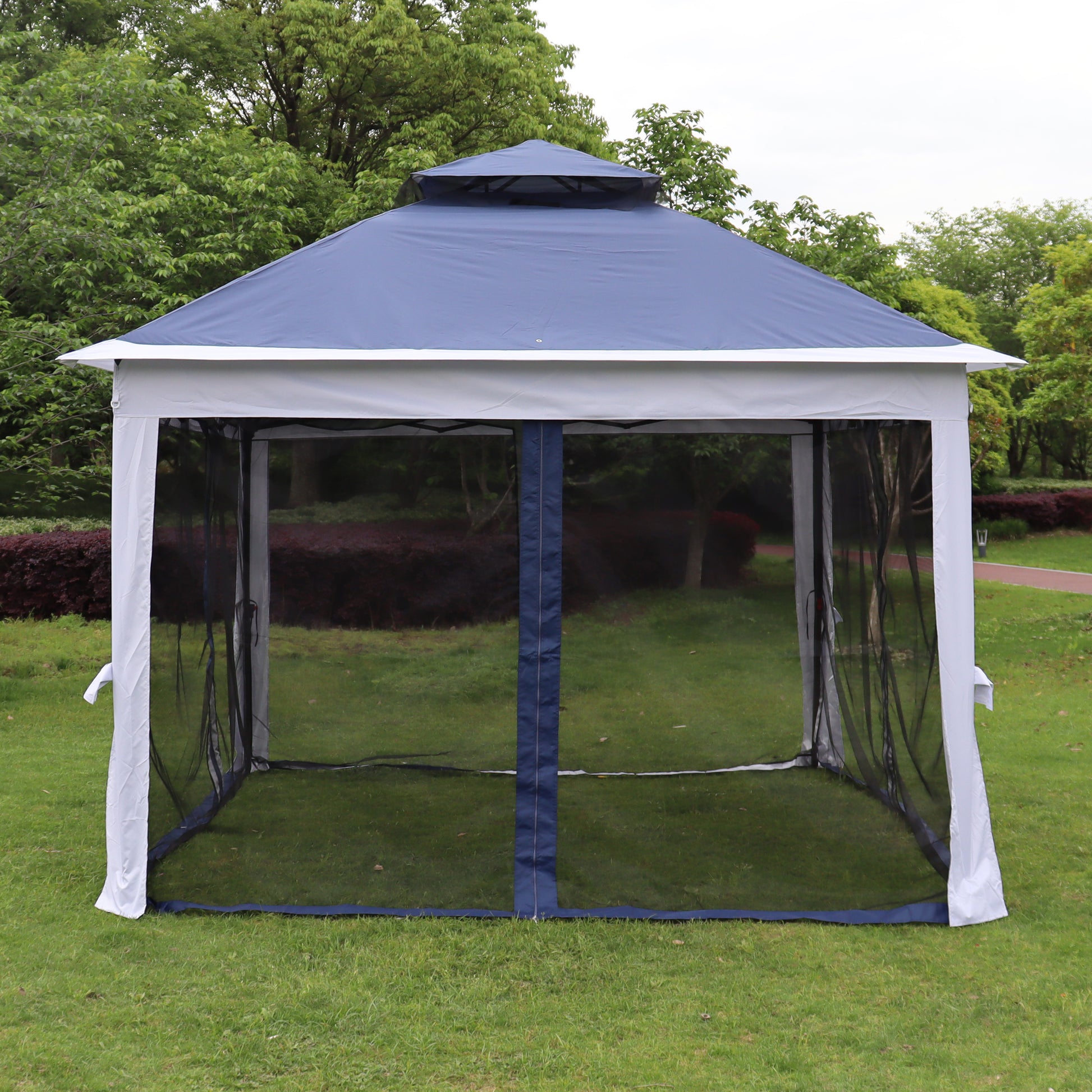 Outdoor 11X 11Ft Pop Up Gazebo Canopy With Removable Zipper Netting,2 Tier Soft Top Event Tent,Suitable For Patio Backyard Garden Camping Area,Blue Blue Metal