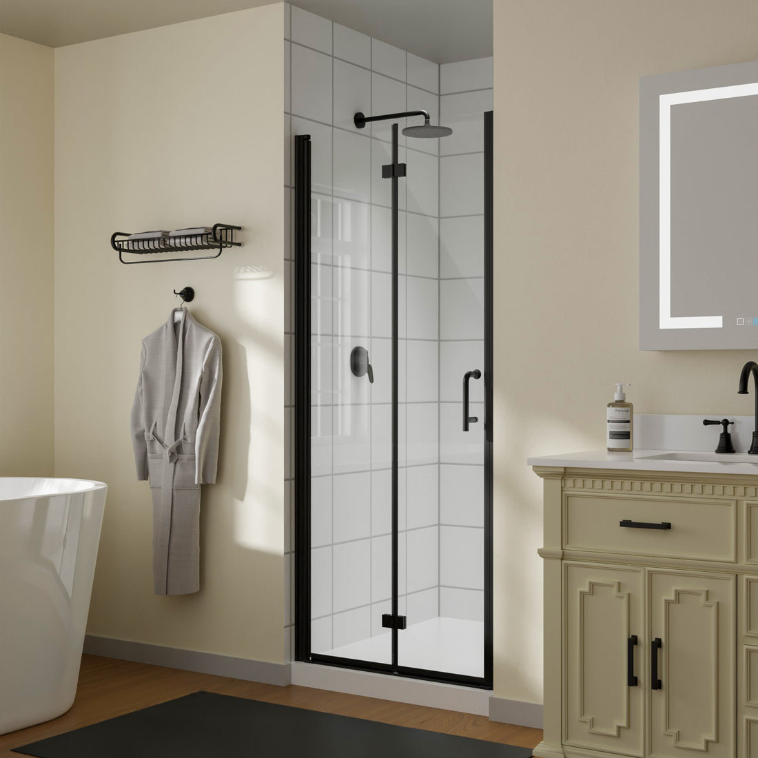 32 To 33 3 8 In. W X 72 In. H Bi Fold Semi Frameless Shower Doors In Matte Black With Clear Glass Black Glass