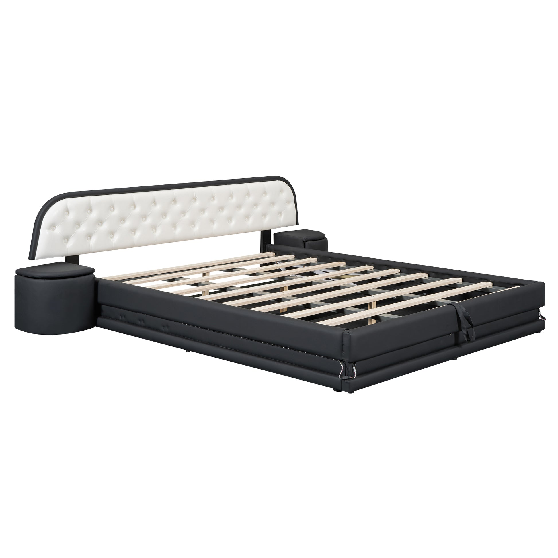 Queen Size Storage Upholstered Tufted Hydraulic Platform Bed With 2 Nightstands And Usb, Black Box Spring Not Required Queen Black Wood Bedroom Bed Frame Faux Leather Upholstered