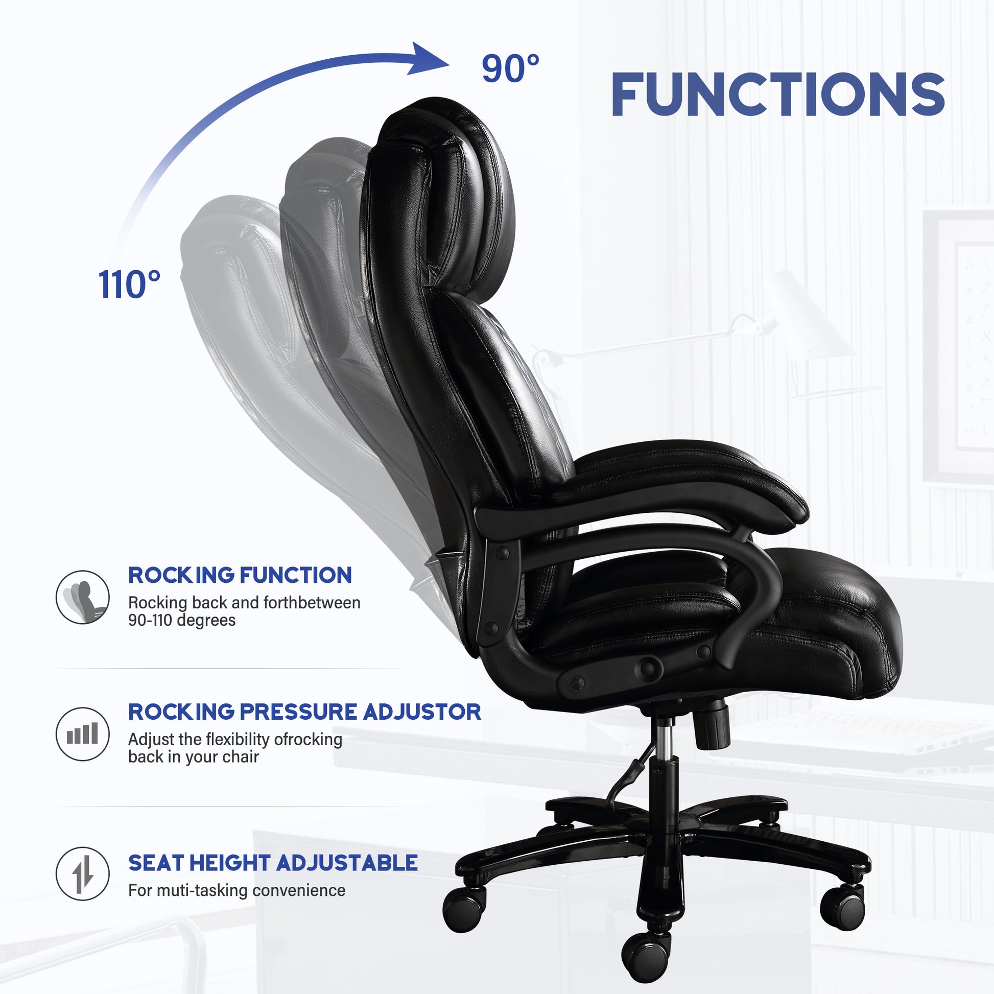 Big And Tall Office Chair, 500Lbs High Back Large Executive Chair With Electric Airbag Heating High Back Computer Chair With Wide Seat, Black Ergonomic Leather Rocking Chair Black Leather