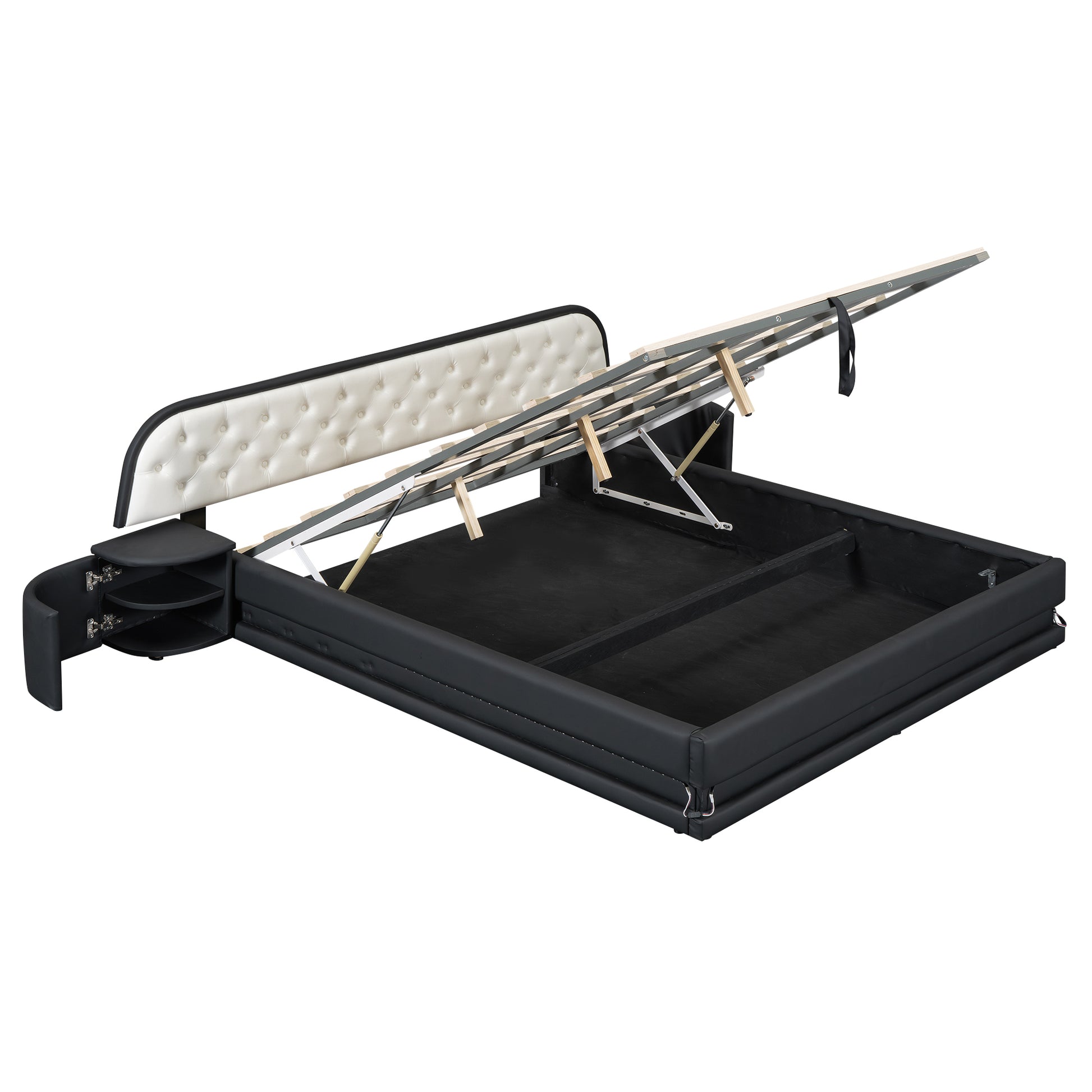 Queen Size Storage Upholstered Tufted Hydraulic Platform Bed With 2 Nightstands And Usb, Black Box Spring Not Required Queen Black Wood Bedroom Bed Frame Faux Leather Upholstered